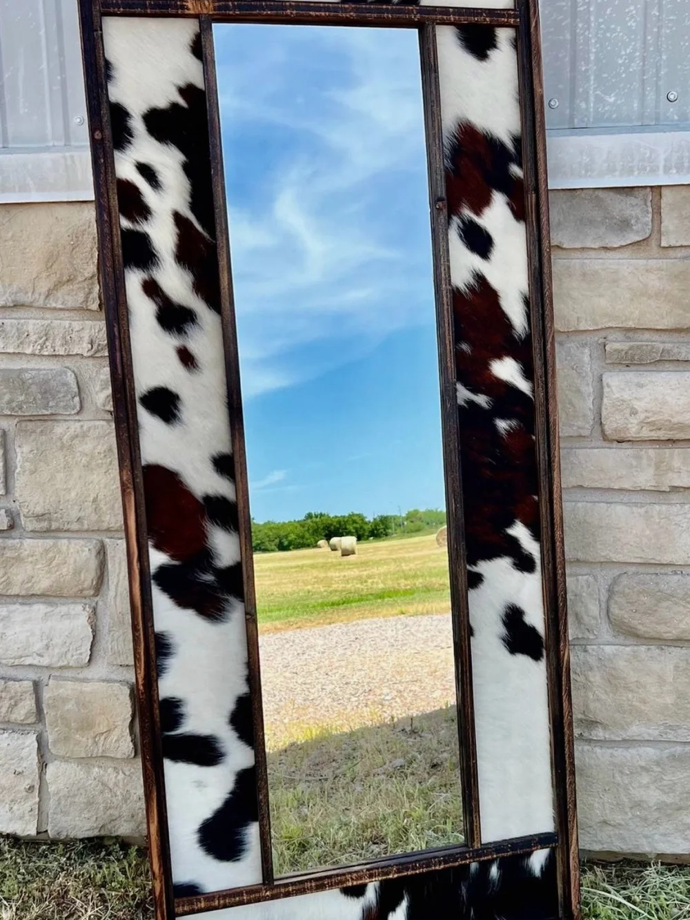 Rustic Cowhide Accent Wall Mirror - White & Brown